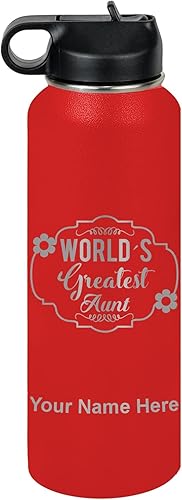 Miniatura 10 de LaserGram Botella de agua personalizada, la tía más grande del mundo, acero inoxidable de doble pared aislada al vacío con popote superior, regalo