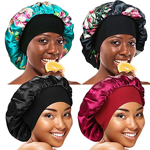 4 Pieces Wide Band Satin Cap Sleep Bonnet Soft Night Sleep Hat Hair Loss Cap Salon Bonnet for Women