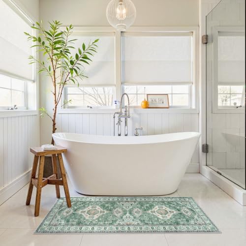 Seavish Green Bathroom Runner Rug, 20x47 Inch Vintage Boho Absorbent Bath Mat, Non Slip Washable Bath Rugs for Sink Shower Vanity Tub, Oriental Distressed Bathroom Floor Decor Carpet