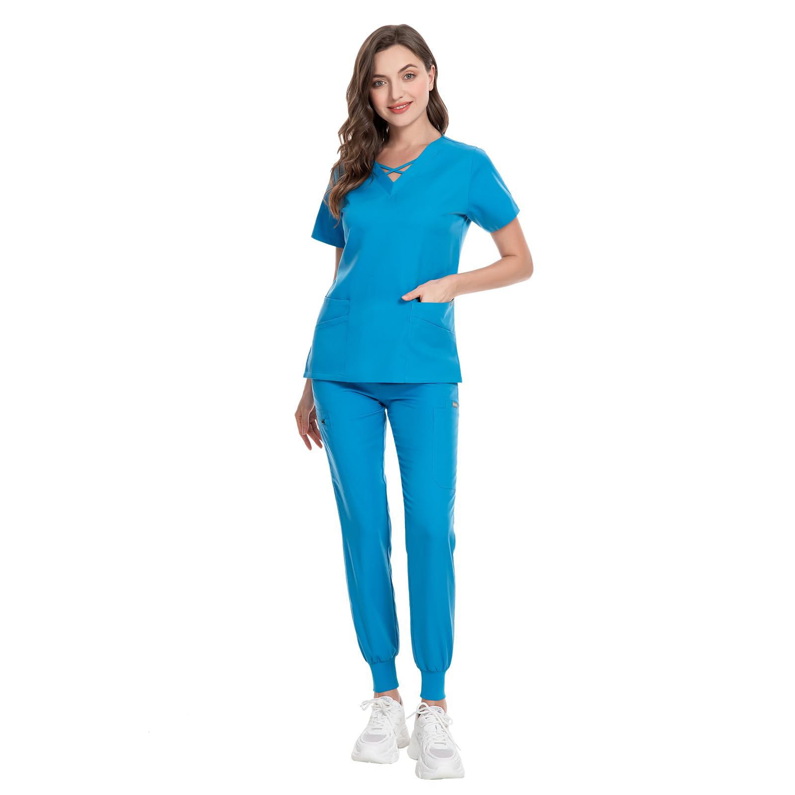 VIAOLI Set für Damen, modernes Oberteil mit V-Ausschnitt und 8 Taschen, Jogginghose, Stilluniform, einfarbig, Stretch, Arbeitskleidung, Himmelblau, Small