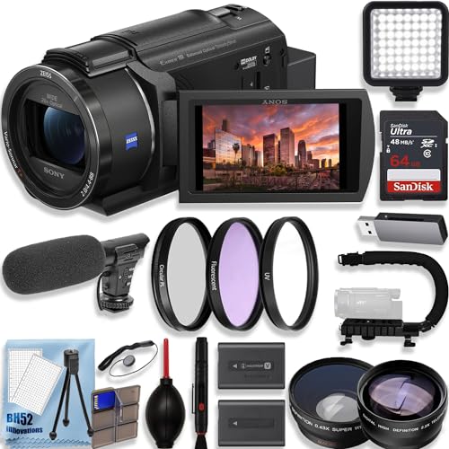 Sony FDR-AX43 4K Ultra HD Handycam Camcorder with 64GB Memory Card + Filter Kit + LED Video Light + Deluxe Accessory Kit, Black (Renewed)