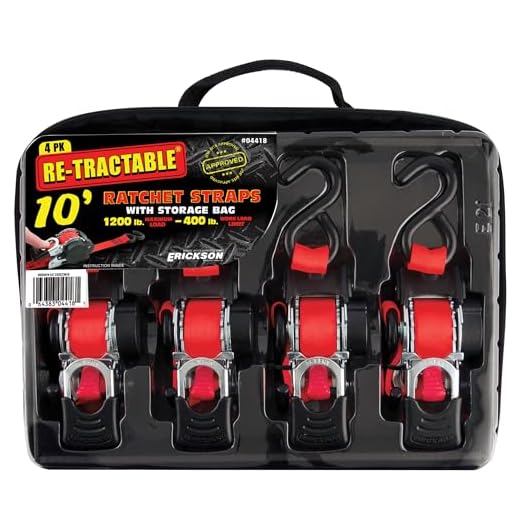 Erickson 04418 Pro Series Red 1" x 10' Retractable Ratcheting Tie-Down Strap, (Storage Bag of 4, 1200 lb Load Capacity)
