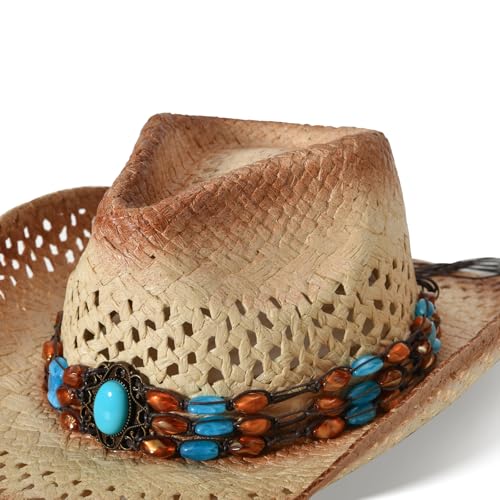 Image of Cowboy Hats for Women & Men Straw Cowboy Hat Wide Brim Western Cowgirl Hats Summer Sun Hat