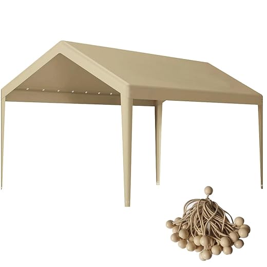 Rutile 10 x 20 FT Carport Replacement Cover, Heavy Duty Car Tarp Canopy Tent Garage Top Shelter Cover with Fabric Leg Pole Skirts and Ball Bungees Beige (Only Top Cover, Frame is not Included)