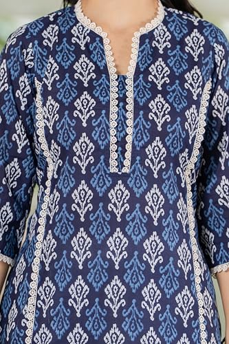 Image of Women's Cotton Straight Kurti with Geometric Print, 3 /4 Sleeves, Lace Trim Detail, Regular Fit, Casual Wear