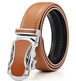 Xhtang Men's Car Buckle with Automatic Ratchet Leather Belt OrangeM