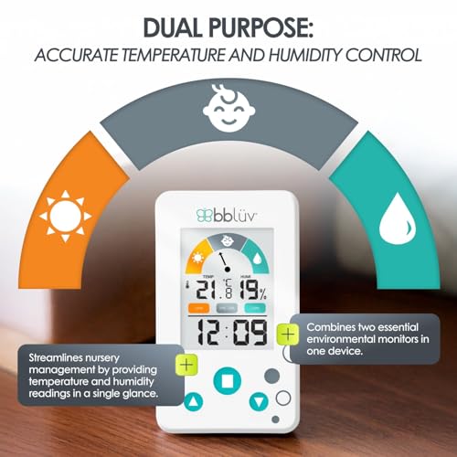 Bblüv Igrö 2-in-1 - Thermomètre numérique intérieur et hygromètre - Humiditémètre pour chambre bébé avec alarme - Portable, convivial - Idéal pour la maternelle, la maison ou le voyage