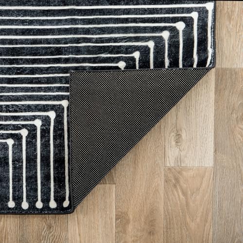 Rugshop Marbella Bohemian Stripes Washable Non Slip Runner Rug 2' x 10' Black
