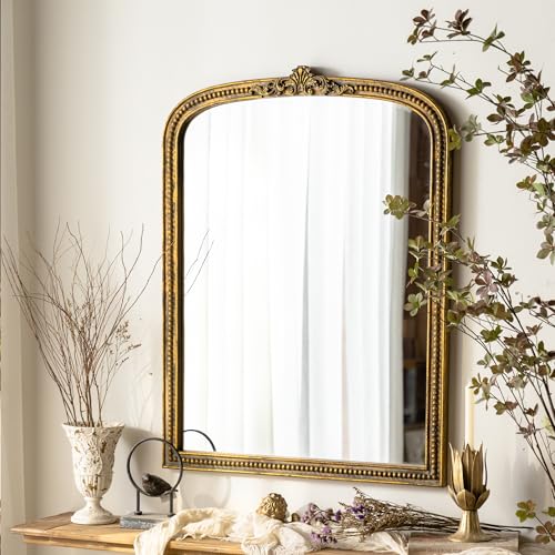 Image of ZIYOO French Vintage Ornate Arched Wall Mirror, Gold Framed Decorative Mirror, Ornate Baroque Accent Mirror for Living Room, Bedroom, Entryway, Fireplace, 42.5 inch x 32 inch