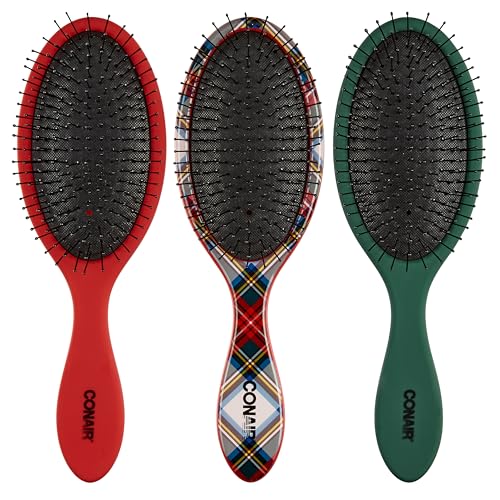 Conair Detangling Hair Brush Set 3 Pack, For Wet, Dry and All Hair Types, gifts for her, stocking stuffers, holiday gifting, Detangling Brushes for Women in Tartan, Red, Green