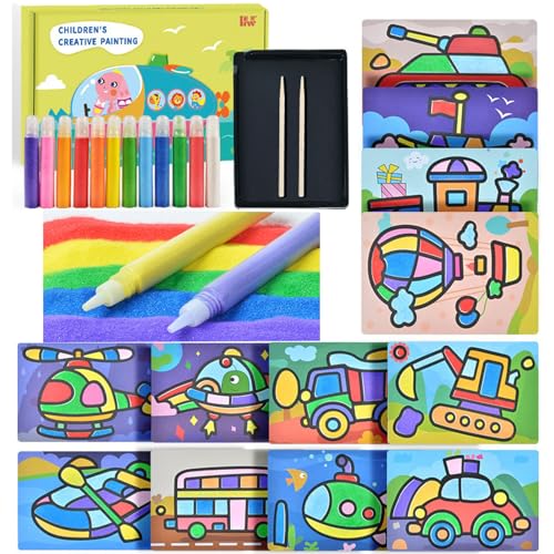 Femnow Sandbilder Kinder ab 4 6 8, Sandbild Set, Knetsand Kreativ Bastelset, Sandmalerei für Kinder, mit 12 Flaschen Farbsand 12 Blatt Sandkunst Malkarten, Sand Painting für Kinder