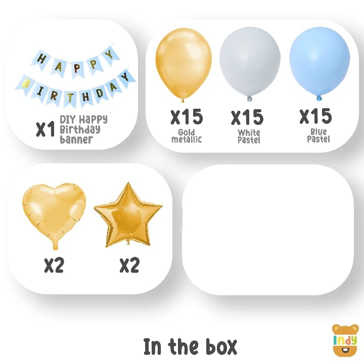 Image of Just Party Set of 64 Pcs - Light Blue Cardboard Happy Birthday 13 Letters Banner String , Gold Star, Gold Heart , Gold Metallic Balloon , Blue And White Pastle Balloons Theme Backdrop