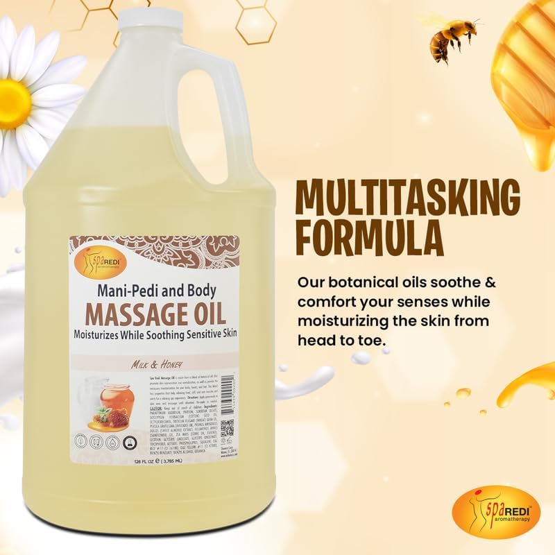 Miniatura 2 de SPA REDI - Aceite de masaje, leche y miel, 128 oz - Pedicura profesional, manicura, terapia de masaje de cuerpo completo - Hecho con almendras,