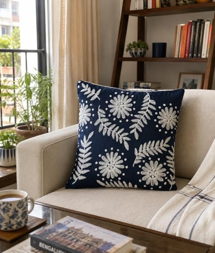 Image of Prista Hand Embroidered Cushion Covers Set of 2 | 16x16 Inch Scattered Daisy Design | Slub Cotton Boho Sofa Covers | Hidden Zipper | Living Room Bedroom Decor (40cm x 40cm)