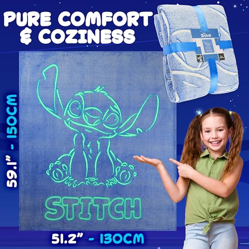 Image of Disney Stitch Glow in the Dark Throw Blanket 51x59 inch, Soft Fleece Throw Blanket for Sofa Bed, Cozy Warm, Gifts for Kids, Teens, Adults (Blue Stitch)