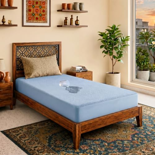 Image of Lithara Terry Cotton Fitted Mattress Protector for Single Bed | Waterproof & Elastic Band | Ultra Soft & Hypoallergenic Mattress Cover | Size : 36 x 72 Inches (3 x 6 Feet) | (Sky Blue)