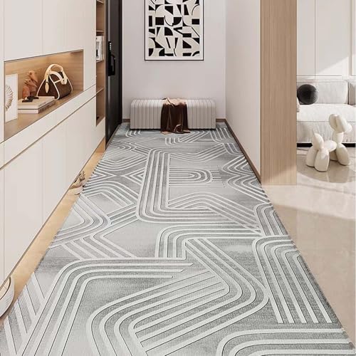 伝統的なグレーのストライプ柄の廊下用ランナーラグ、キッチン/玄関ホール/バスルーム用のエクストラロングカーペットランナー、滑り止め細幅ラグ、薄型フロアマット(60×200cm)