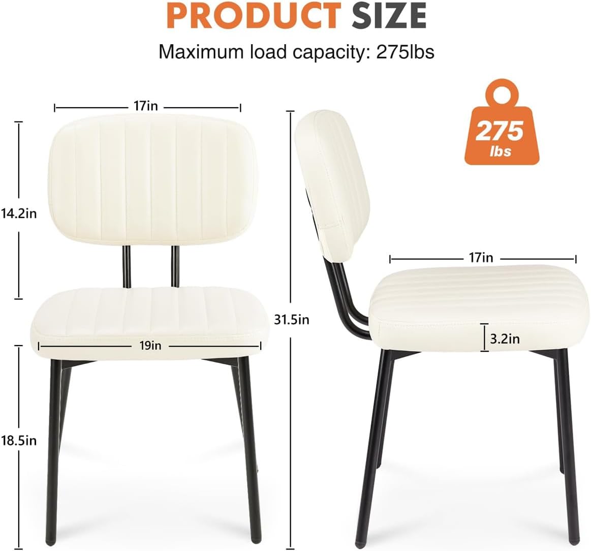 Dining Chairs Set of 2, Mid Century Modern Upholstered Kitchen Chair with PU Leather Cushion Seat & Metal Legs for Home/Living Room/Bedroom/Office-White