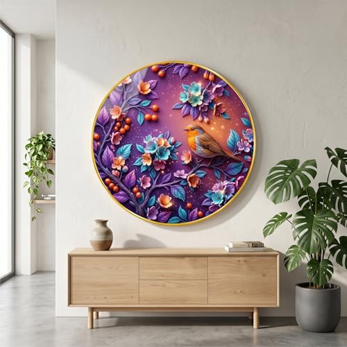 Image of SAF Colorful Bird Floral Wall Painting with Golden PVC Frame Round Nature Art Modern Decorative Wall Decor for Living Room Bedroom Office Home Luxury Gift Item (16 x 16 Inch) GRM-364