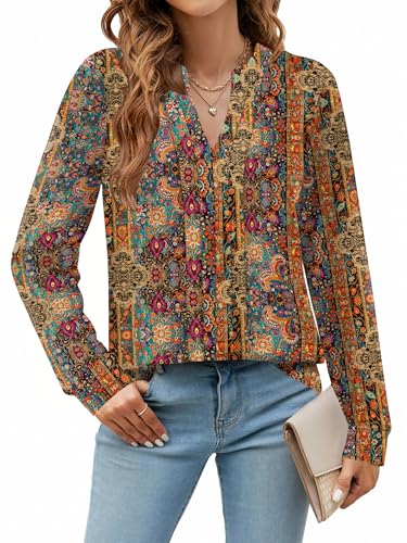 Zeagoo Womens Long Sleeve Tops Henley V Neck Shirts Pleated Blouses Dressy Casual Fall Loose Tunic Tops 2025 Basic Tees2