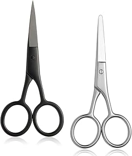 2PCS Small Grooming Scissors for Men and Women, Facial Hair Trimming Scissors with Straight & Rounded Safety Tips for Eyebrows, Nose Hair, Beard, Mustache, Eyelashes, and Ear Hair - Silver & Black
