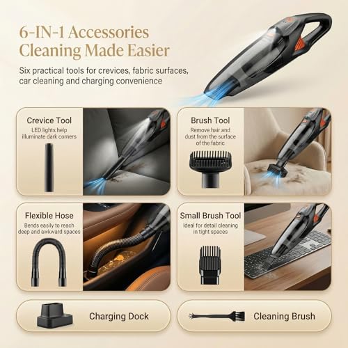Image of Handheld Vacuum Cordless, 25000Pa Powerful Suction Car Vacuum Portable Cordless with 8000mAh Battery & LED Light, Hand Held Vacuum Rechargeable with HEPA Filters, Home, Car Seats, Pet Hair Orange