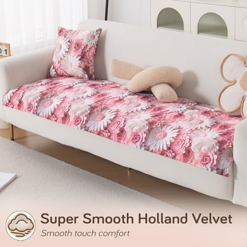 Image of HOKIPO 'Nature Muse' Premium HD Printed Holland Velvet Sofa Cover Mat for 1 /2 /3 Seater & L-Shape Sofa. Make Your Own Sofa Cover Set, Mat 70(D) x 170(L) cm, Blush Bouquet (IN-917-D6)