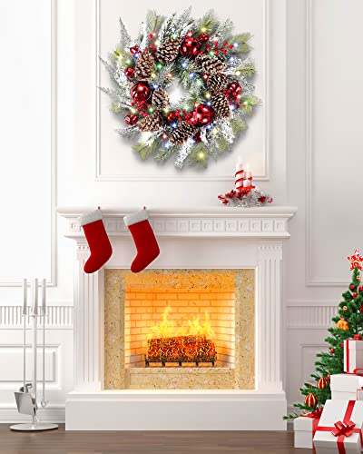 Ddhs Christmas Wreaths For Front Door,24 Inch Pre-Lit Winter Wreath With Big Bells, Pine Cones, Red Berries 60 Led Lights, For Party Table Fireplaces Porch Walls New Years Christmas Home Decor-Snow #TOP6