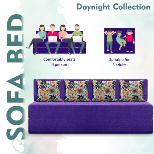 Image of Los Angeles Foldable Four Seater Sofa Cum Bed, Sofa Bed 6 X 6 Feet Jute Fabric Washable Cover- Including Cushion Perfect for Living Room - Purple