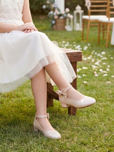 Image of Coutgo Girls Dress Shoes Flower Girl Bow Chunky Heels Closed Toe Ankle Strap Pumps Wedding Party Princess Shoes