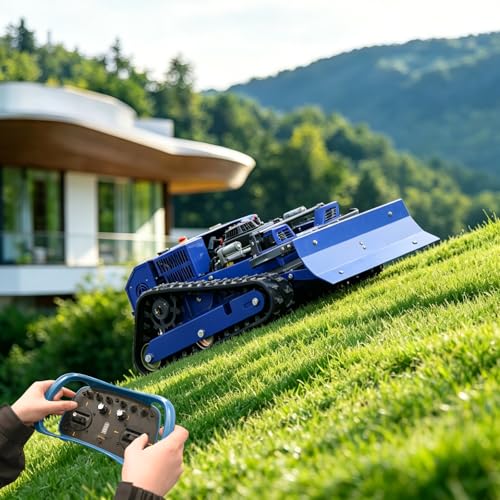 Remote Control Lawn Mower with Snow Plow, Crawler Track All-Terrain Machine, Oil-Electric Hybrid Power for Extreme Slopes and Large Turf, Adjustable Cutting Height