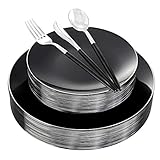 DaYammi 30 Guests Black Silver Plastic Plates & Disposable Silver Plastic Silverware With Black...