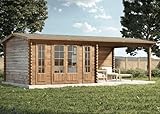 Alpholz Gartenhaus Freiburg-44 aus Massiv Holz, Freizeithaus, Blockhaus 44 mm Wandstärke, Garten Holzhaus Terrasse, Überdachung, Sitzecke Größe: 755 x 399 cm in Pinie mit Doppeltür