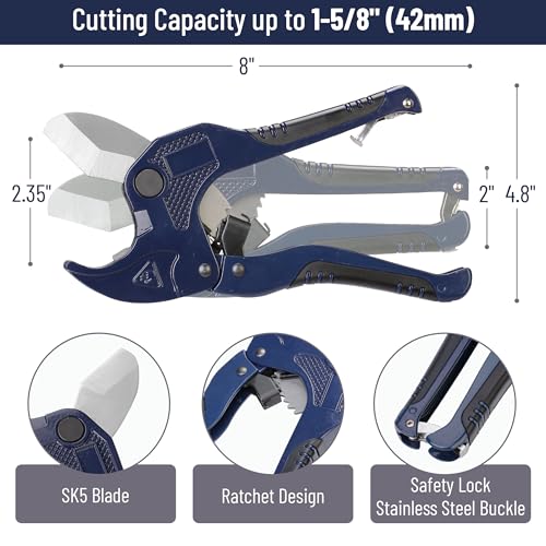 Image of Bates- PVC Pipe Cutter, Cuts up to 1-5 /8 inch, Ratchet Pipe Cutter, PEX Cutting Tool for Cutting PEX, PVC, PPR Plastic Hoses and Plumbing Pipes, Navy Blue