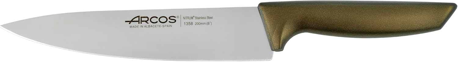 Arcos Stainless Steel Kitchen Knife Set, 3-Piece, Durable NITRUM Blades for Precise Cutting, Includes Chef, Utility and Vegetable Knives, Metallic Gold Polypropylene Handles