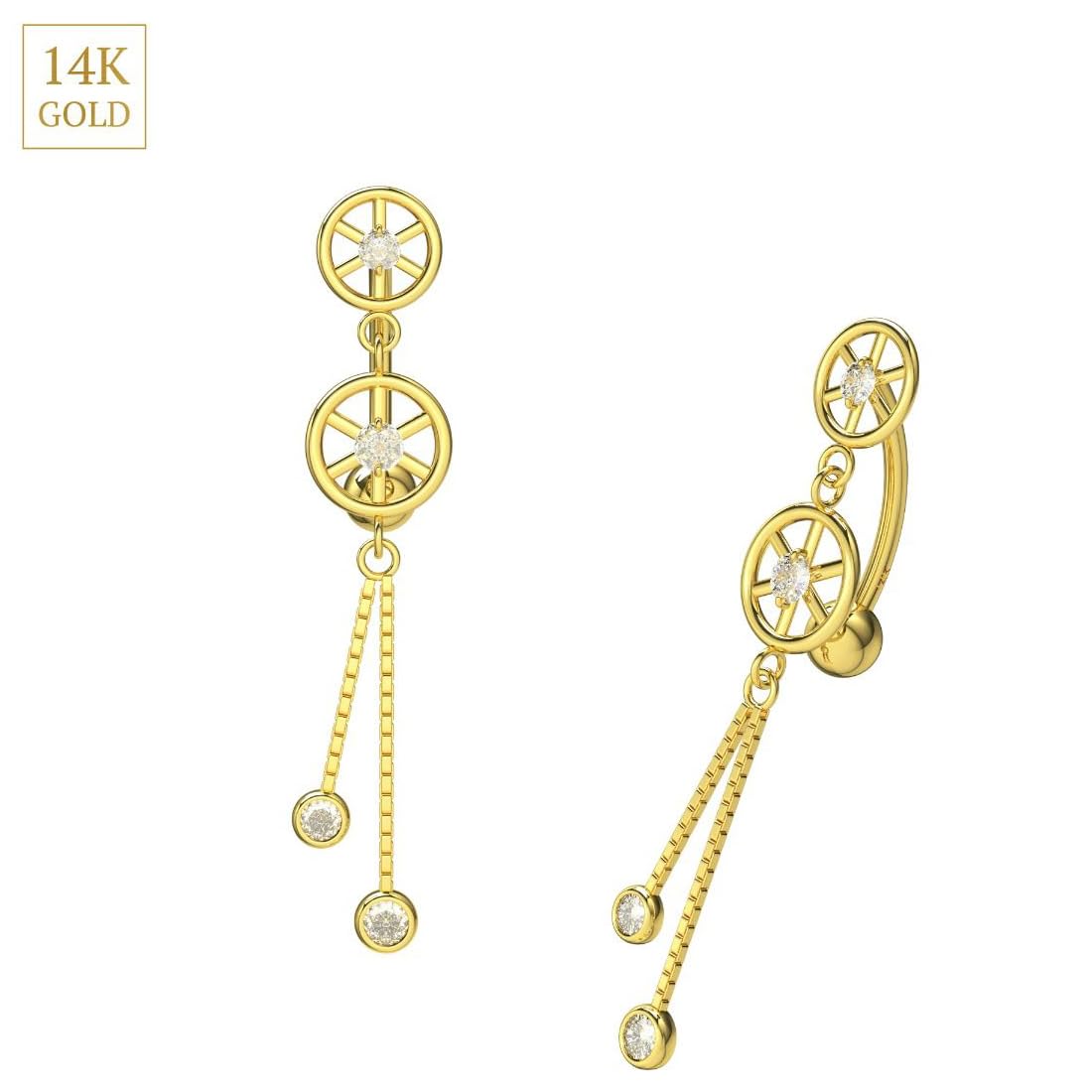 Piercing para ombligo de oro amarillo macizo de 14 quilates con doble rueda y cadena colgante, joyería para ombligo de 14 quilates, calibre 14, 14 Gauge - 12mm Length, Circonia cúbica,