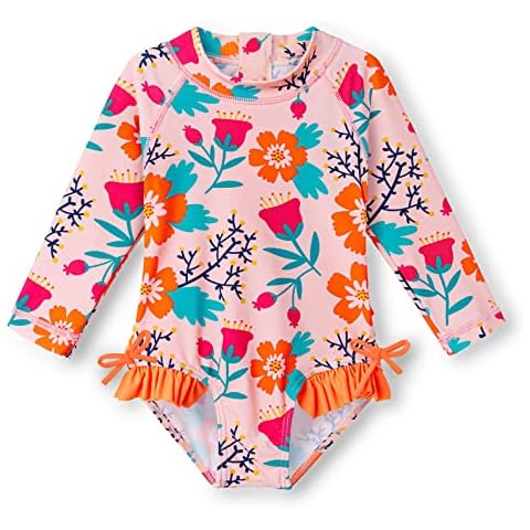 XFGIRLS Girls Swimming Costume Swimwear for Girls Long Sleeve Sunsuit Toddler Girls Swimsuit Orange Flower 2A Cover