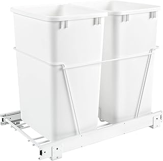 Rev-A-Shelf Double Pullout 35 Qt Sliding Waste Bin Trash Container for Base Kitchen Cabinet, Wire Frame with Ball Bearings, White, RV-18PB-2 S