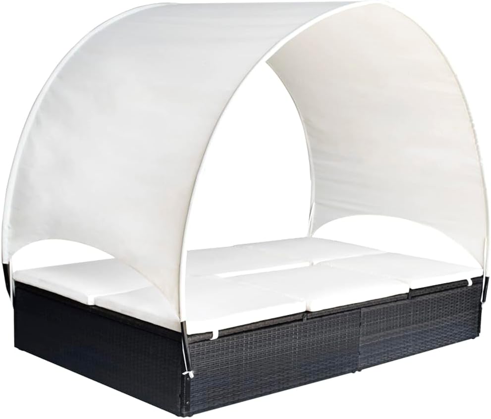vidaXL Double Sun Lounger, Patio Rattan Daybed with Canopy, Wicker Sun Lounger with Cushions for Garden Backyard Porch, Poly Rattan Black