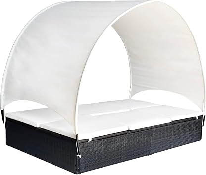 Double Sun Lounger with Removable Canopy Black Cream White Adjustable Backrest 2-Person Outdoor Chaise Lounge Furniture for Patio Poolside Garden Relaxation