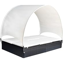 LKJephalotrope 2-Person Sun Lounger with Canopy, Double Chaise Lounge Outdoor Black PE Rattan Daybed with Cream White Cushions for Patio, Poolside, Garden, 76.4" L x 47.4" W
