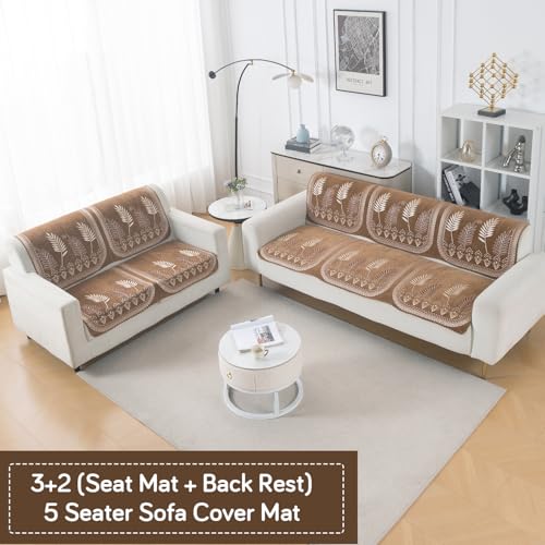 Image of HOKIPO Bagh Brown Premium Chenille Jacquard Sofa Cover 5 Seater - (3+2) for Seat & Back | 'Royal Aangan Series' (IN-1008-L6*2 + IN-1007-L6*2)