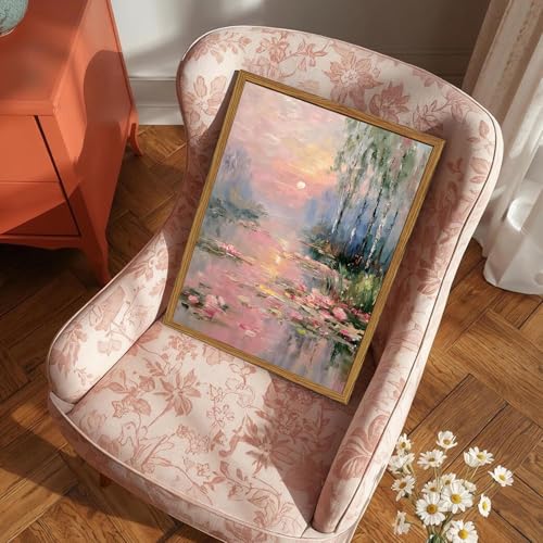 image for WGTUWY Framed Vintage Monet Canvas Wall Art, Pink Water Lilies Floral 