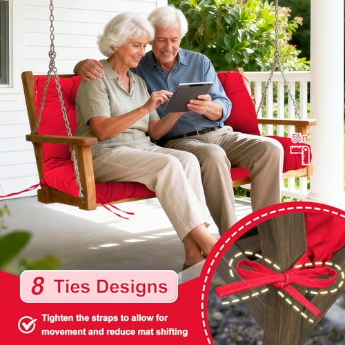 Image of Porch Swing Cushions Outdoor 48 inch x 40 Waterproof Swing Cushions 3 Seater Replacement with Backrest & 8 Ties 5 inch Thick Bench Swing Cushions for Outdoor Furniture Patio(Red)