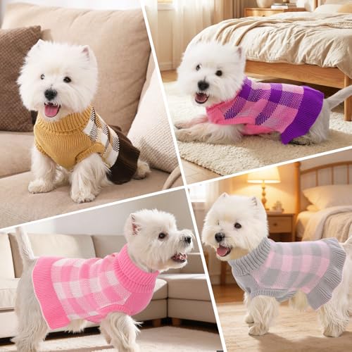 Image of Dog Sweater Dress Plaid Knitwear for Small Medium Dogs Warm Puppy Pet Turtleneck Stretch Pullover Cute Fall Winter Vest Clothes with Leash Hole for Christmas (Grey, M)