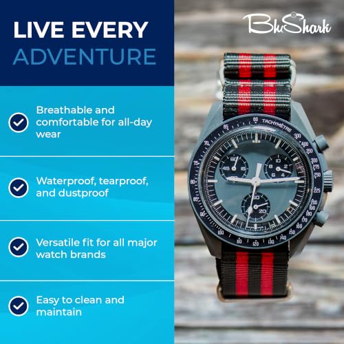 Image of BluShark - Original Collection Military-Style Waterproof Watch Strap, Fits All Timepiece Brands, Durable Nylon Wristwatch Accessories with Stainless Steel Buckle - 18mm, 20mm, 22mm & 24mm Watch Bands