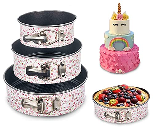Curated Cart Springform Cake Mould Set of 3pcs (7″/ 8″/ 8.5″) Nonstick Leakproof Cake Pan Bakeware Cheesecake Pan with 15 Pcs Parchment Paper Liners and 3 Pcs 8″ Cake Base Free