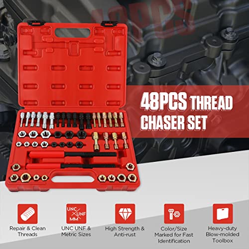 Conjunto de 48 peças de ferramentas de reparo de rosca UNC/UNF/Metric Thread Chaser Kit de remodelaç