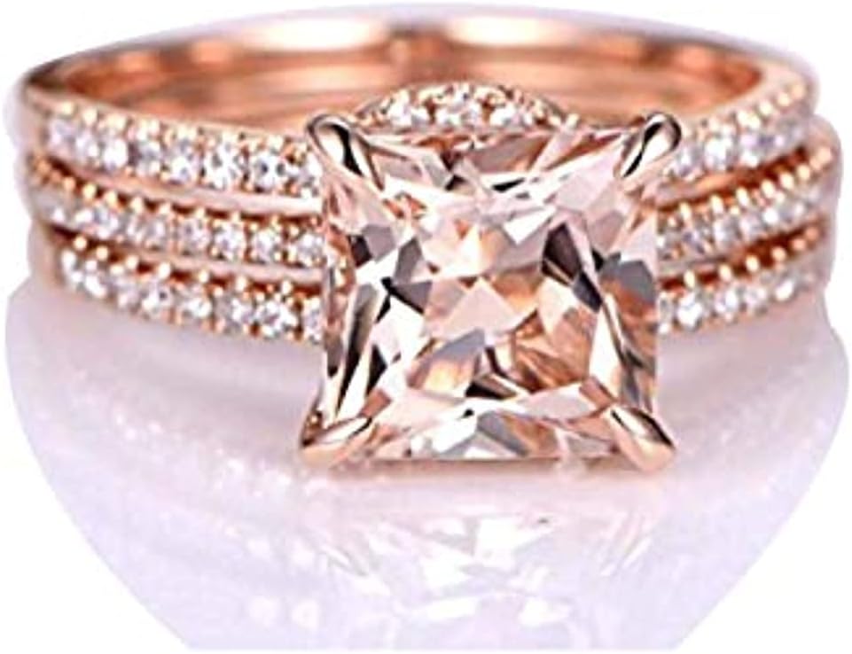 V Touch 2 Ct Princess Cut Peach Morganite & Diamond Curved Promise Trio Halo Ring Band Set 14k Rose Gold Over Sterling Silver