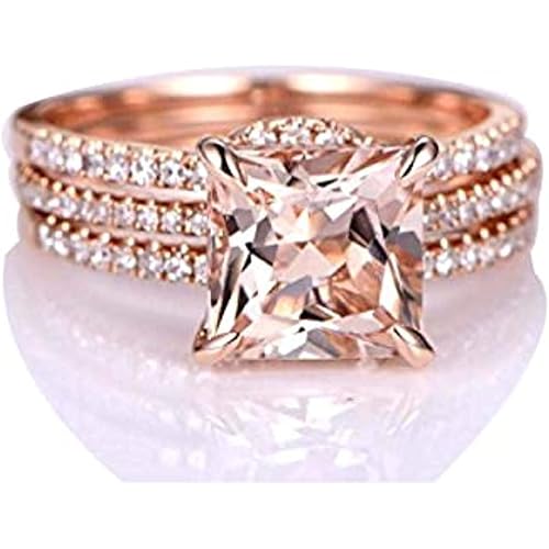 2 Ct Princess Cut Peach Morganite & Diamond Curved Promise Trio Halo Ring Band Set 14k Rose Gold Over Sterling Silver